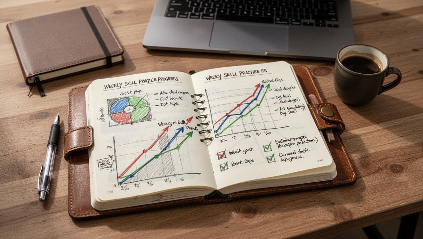 An open leather-bound progress journal on a wooden desk displays hand-drawn charts and graphs tracking weekly skill practice with rising lines, checkmarks, and notes. A ballpoint pen rests beside it, with a small coffee mug and closed laptop in the background under warm natural daylight.