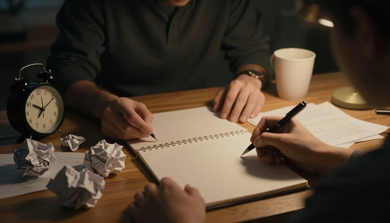 A single person with an overwhelmed expression stares at a blank notebook page with pen in hand late at night, surrounded by crumpled papers and coffee cups in a cozy yet chaotic living room, illuminated by dramatic warm lamp light.