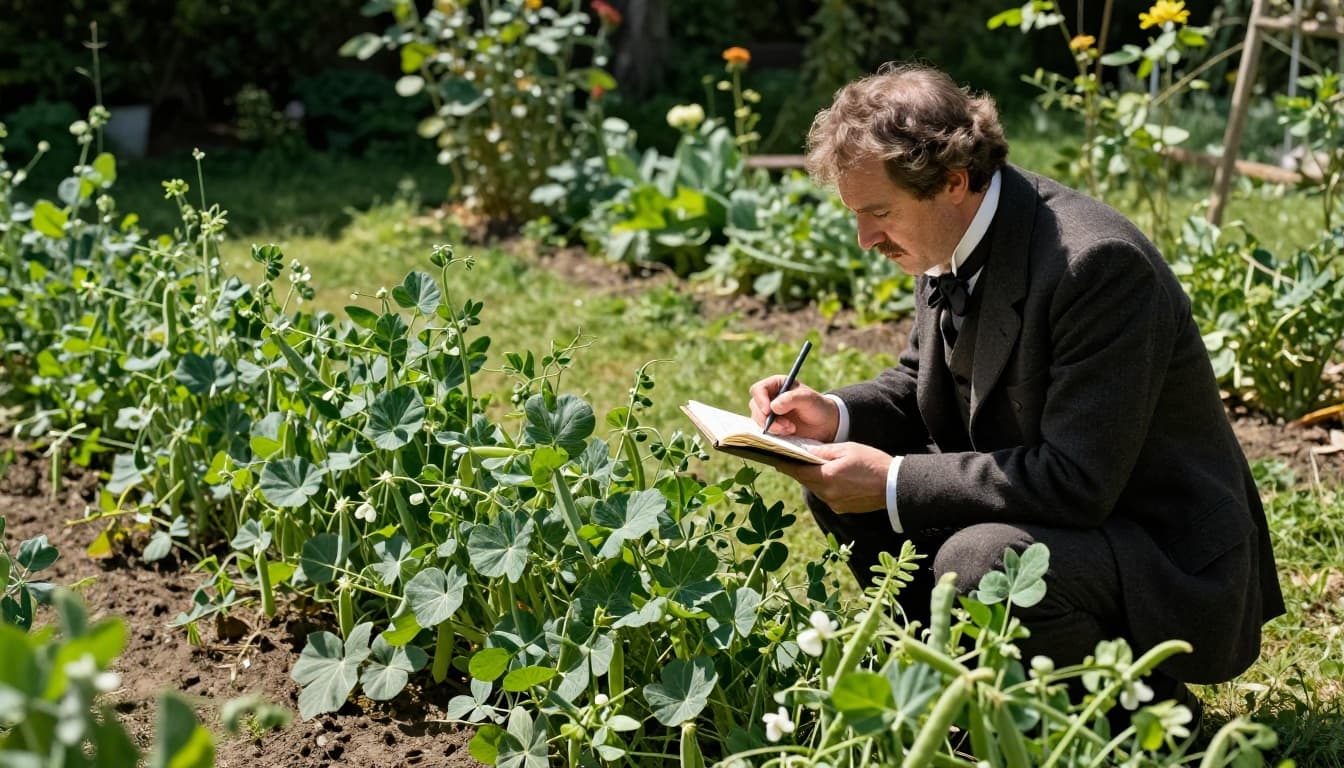 1890s Italian countryside garden features lush pea plants with 20% overflowing while others sparse, observed by a middle-aged man in period suit sketching in notebook under sunny cinematic lighting.