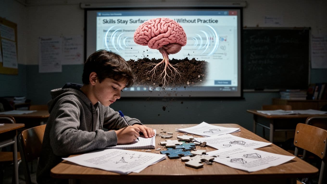 A young student in a dimly lit classroom passively scribbles notes from a projected tutorial, with a brain visualization above showing shallow roots barely sinking into thin soil and info waves glancing off, contrasted by scattered failed practice papers on the desk like a broken puzzle.