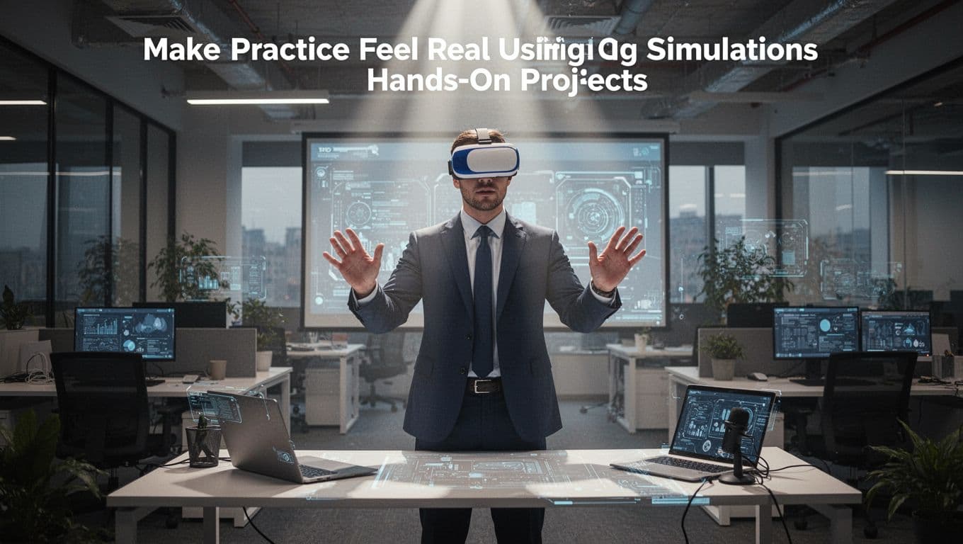 A business professional in a suit wears a VR headset in a modern open office, standing and gesturing with hands raised as if presenting to a virtual audience amid an immersive desk setup. Dramatic cinematic lighting, strong contrast, volumetric light rays, and depth of field emphasize the scene with exactly one person.