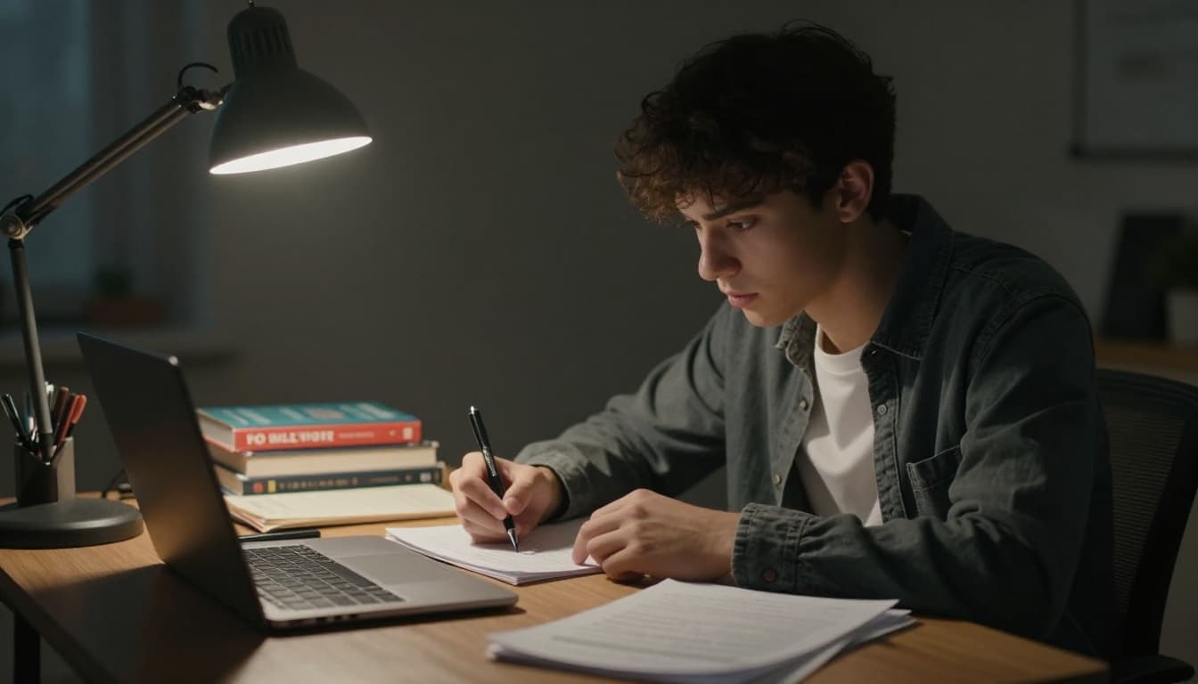 Determined student in casual clothes organizes notes on a desk with books and laptop, illustrating the preparation phase of the Protégé Effect in cinematic style with dramatic overhead lighting.