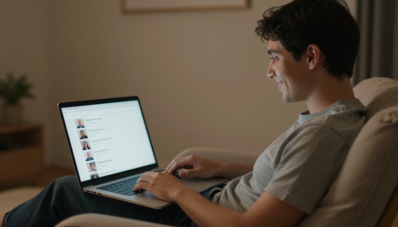 A single person reclines comfortably in a home office chair with a laptop on their lap showing a blurred online forum chat, smiling slightly while reading messages under dramatic evening lamp light.