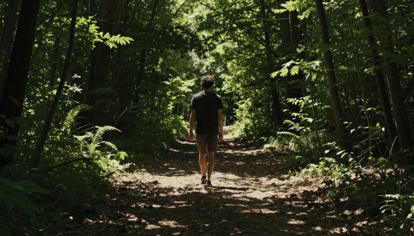 A single person walks relaxed on a sunny forest trail, hands at sides, with sunlight filtering through green trees creating strong shadows and depth. Medium side-angle cinematic shot with high contrast dramatic lighting and earthy tones.