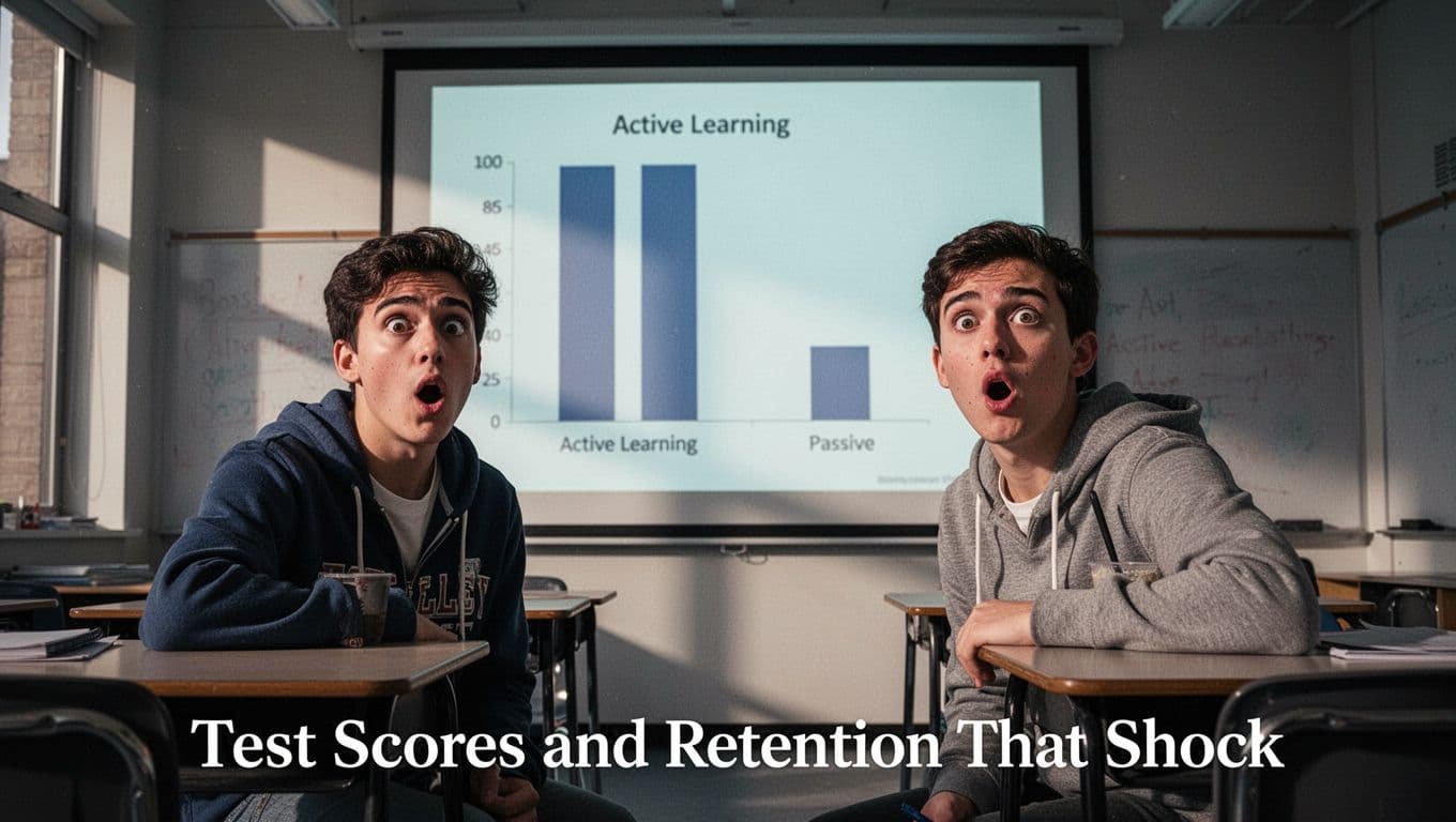 A college student with wide eyes and shocked expression stares at a projector screen in a modern classroom showing a bar chart with tall bar for active learning and short for passive, cinematic lighting and dramatic shadows.