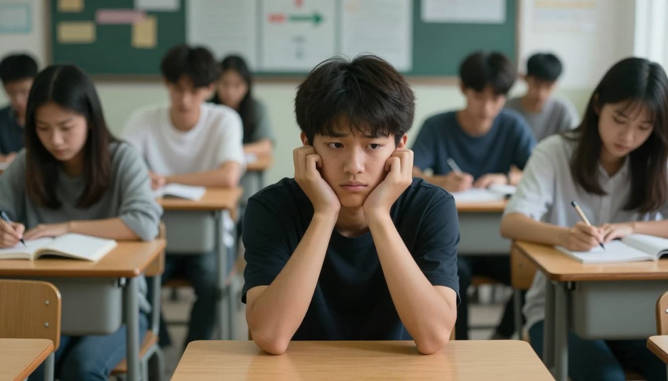A shy student sits alone at a desk looking confused in a cinematic classroom scene, contrasted by blurred interactive groups, highlighting isolation in passive vs active learning.