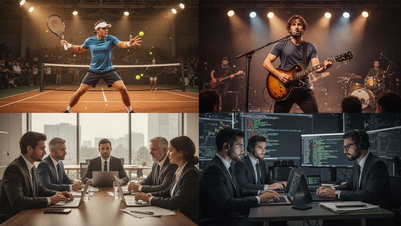 Cinematic four-quadrant montage depicting skill practice in sports, music, business, and coding, with one main figure per quadrant under dramatic lighting, strong contrast, warm tones, and depth.