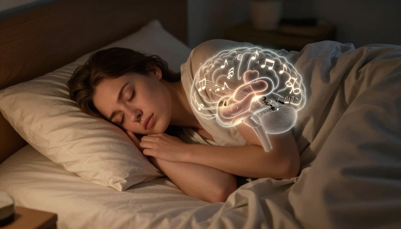 Person sleeping peacefully in a cozy bedroom at night, with a brain overlay showing the hippocampus replaying piano practice via musical notes and finger movements with subtle neural glow.