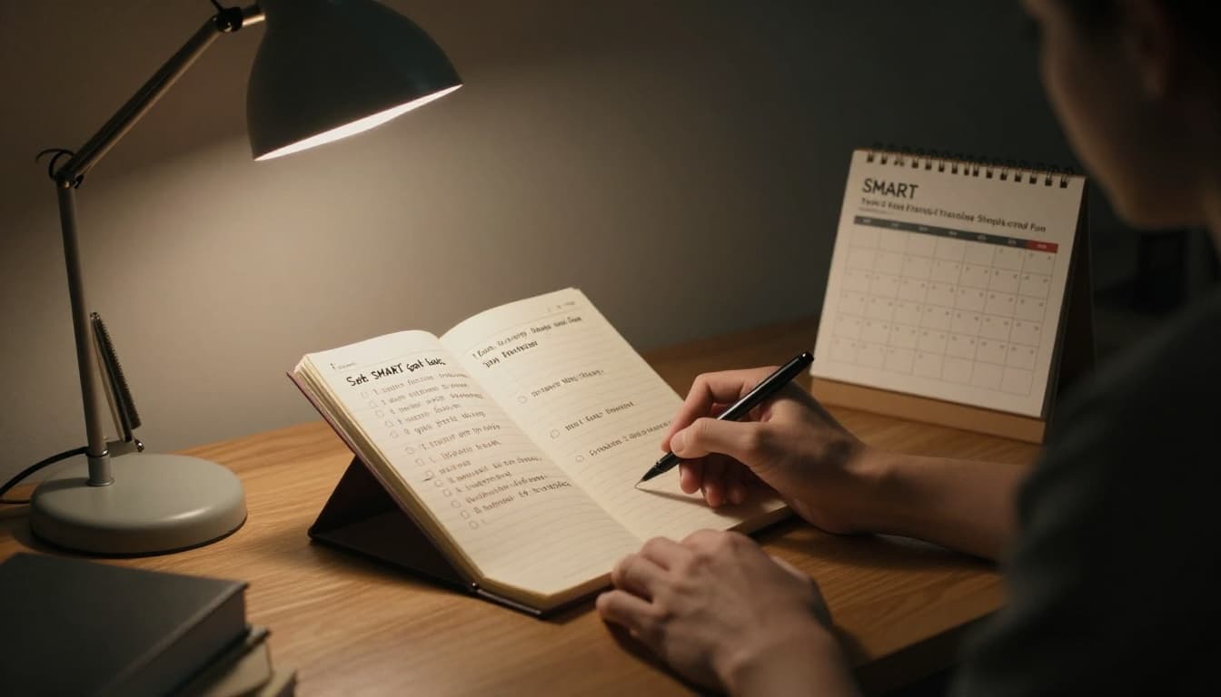 One person at a clean wooden desk plans goals with an open notebook showing a daily tasks checklist under SMART categories, a marked calendar for time-bound steps, soft lamp light casting dramatic shadows, books and pen nearby in cinematic style with muted warm tones.