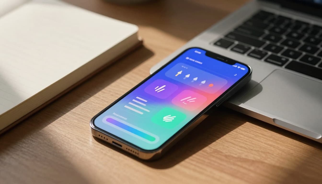 Close-up of a smartphone screen angled on a modern desk, showing abstract colorful progress bars, streak icons, and charts glowing softly, beside a laptop and notebook with natural window light, dramatic shadows, and cinematic warm tones.