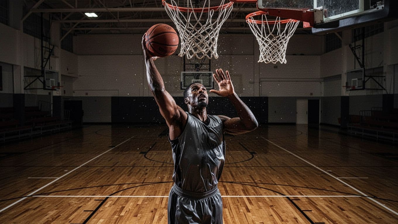 A focused solo basketball player in an empty gym with wooden floor jumps mid-action to shoot with perfect form, ball arcing towards the hoop, sweat droplets visible under dramatic side lighting and strong shadows.
