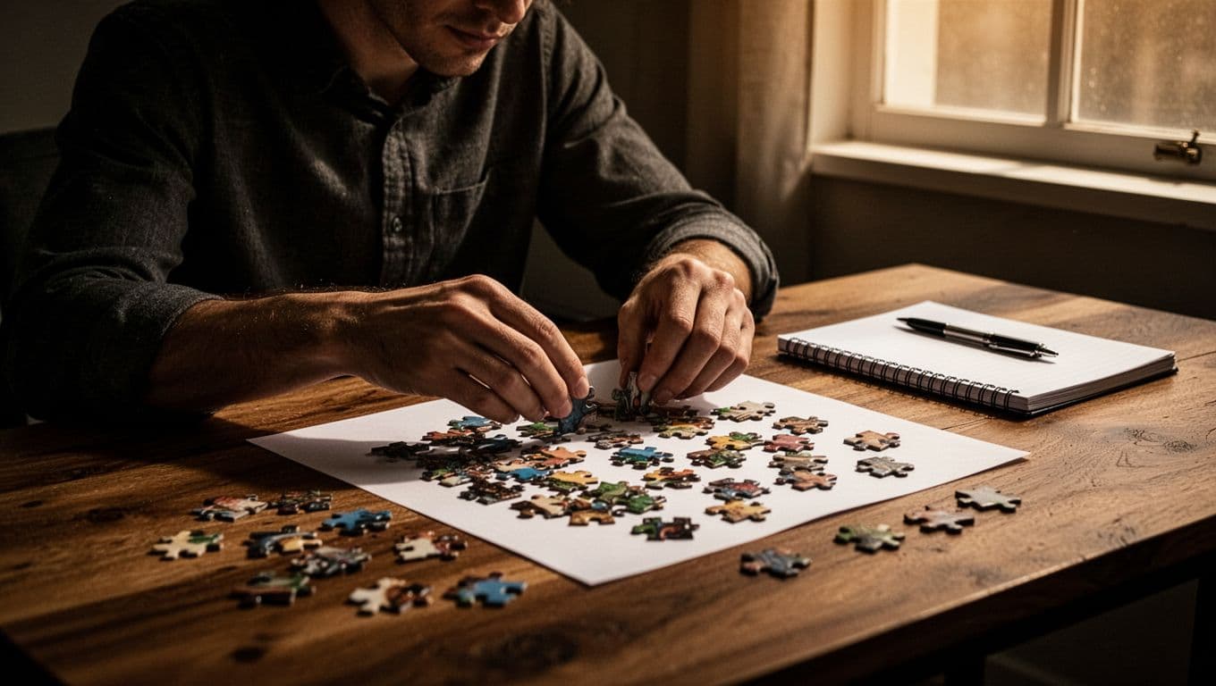 A focused person at a wooden desk gently sorts a large puzzle into small pieces on paper in a simple home office setting, symbolizing the step-by-step process of splitting skills into manageable chunks. Cinematic composition with dramatic warm lighting, strong contrast, and dark tones.
