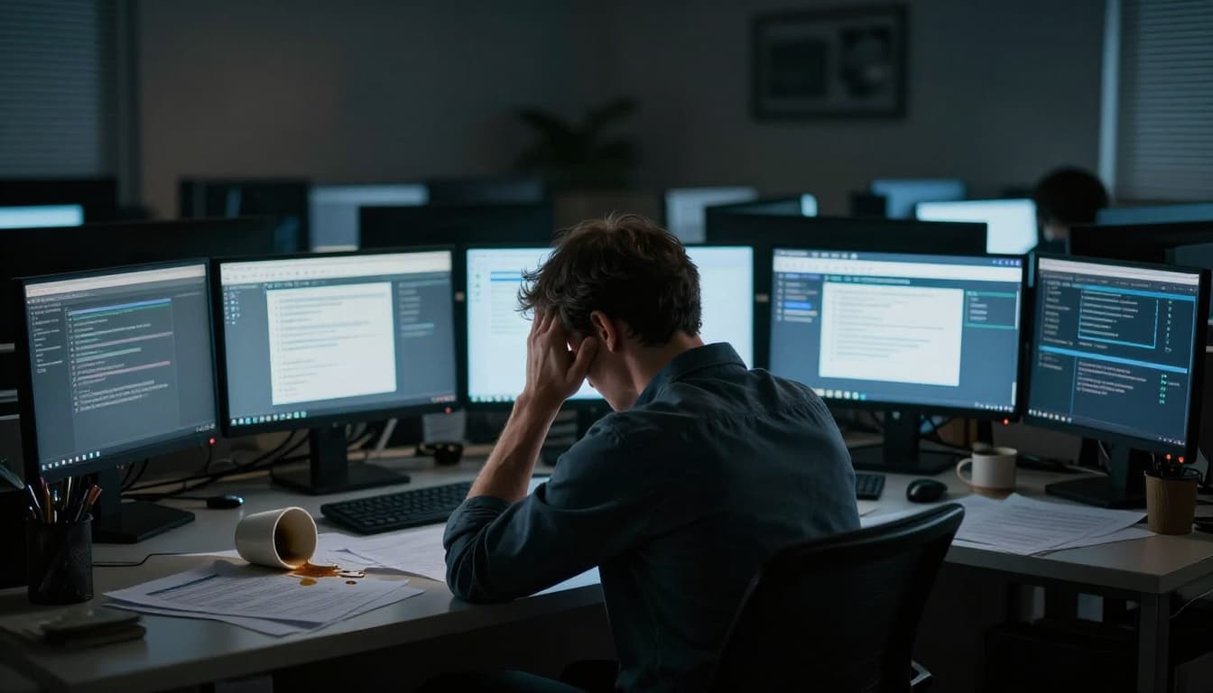 A stressed person sits in a dim office with head in hands, surrounded by multiple glowing screens showing alerts and tasks, a spilled coffee cup, and scattered papers, illustrating burnout from chronic multitasking. Cinematic lighting with strong contrast and dramatic shadows from the screens.