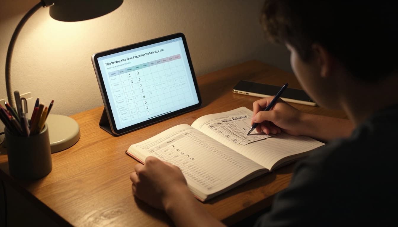 A student relaxes at a wooden desk in a cozy lamp-lit room, reviewing flashcards with an open spaced repetition schedule notebook nearby showing days 1,2,3,5.