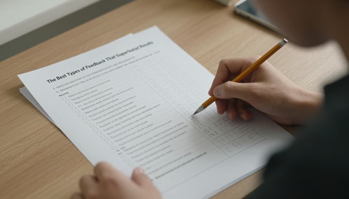 A young adult learner at a wooden desk in a study room reviews a self-assessment checklist against a completed math worksheet, holding a pencil relaxedly, captured in cinematic style with dramatic natural window lighting and tight composition.