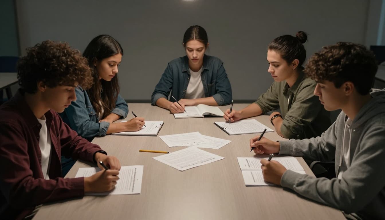 Four diverse students aged 18-20 in a modern classroom sit around tables, discussing test answers on printed sheets with one pointing to a question while others nod in agreement. Collaborative group setting features scattered notebooks and pencils, captured in a wide cinematic style with strong contrast, depth, and dramatic overhead lighting.