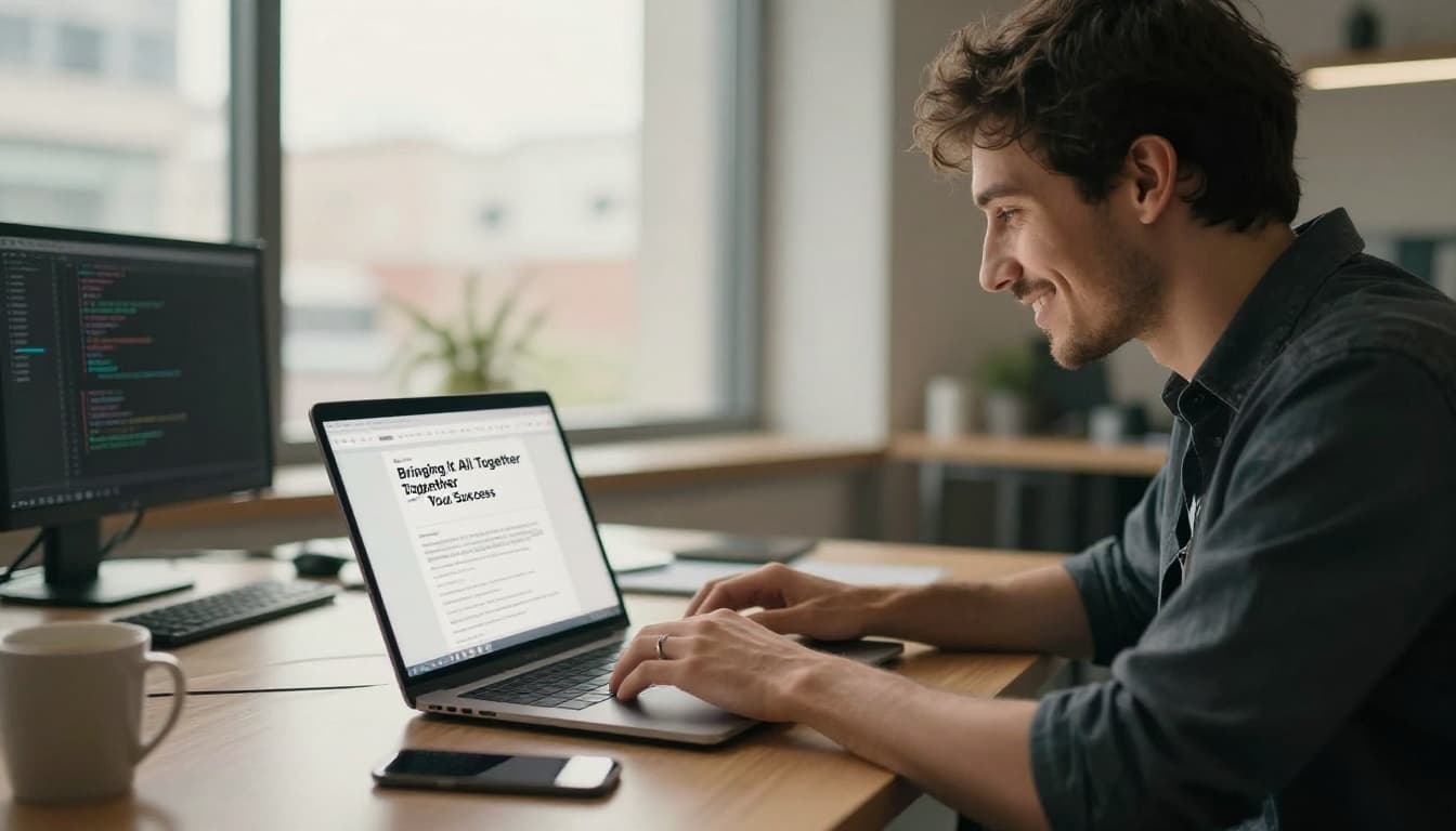 A satisfied software developer at a desk in a bright office types code on a laptop showing a glowing successful compilation screen, with a coffee mug nearby and a cityscape view from the window, captured in cinematic style with strong contrast and warm tones.