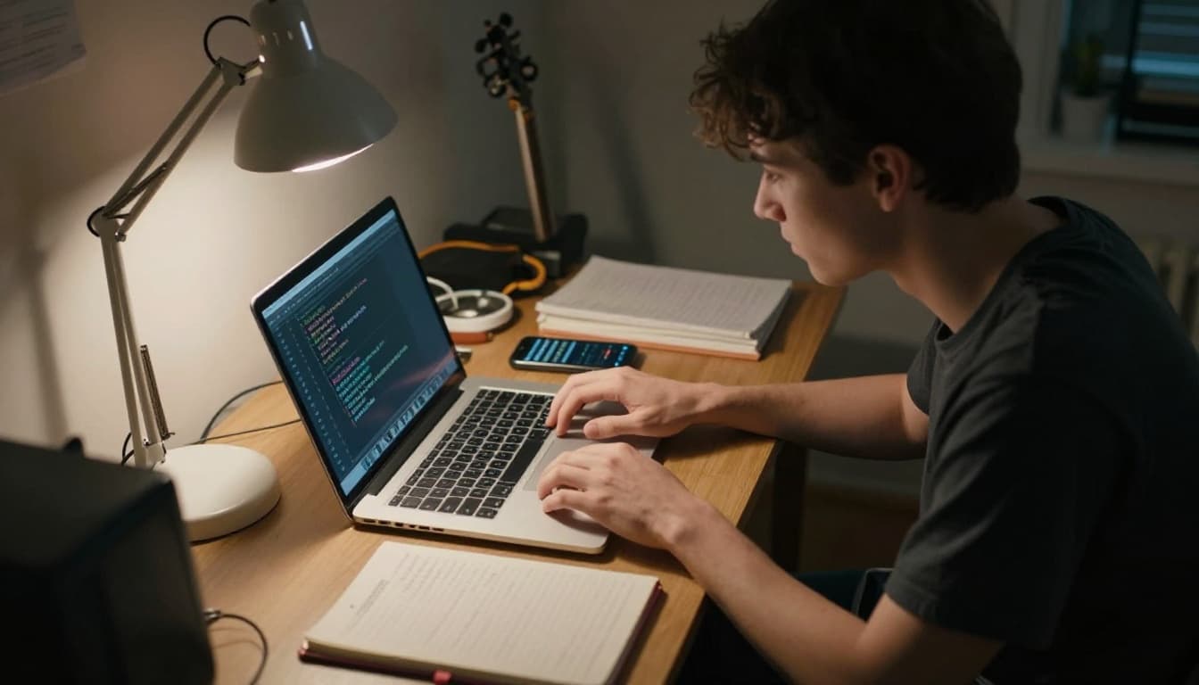 A young adult at a cluttered desk surrounded by a laptop open to a coding tutorial, buzzing phone notifications, half-written notebook, and nearby guitar practice, depicting divided attention chaos. Cinematic style with strong contrast, depth, and dramatic lighting from a single desk lamp casting long shadows.