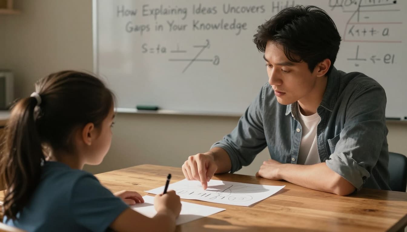 A focused young teacher in their 20s explains a math concept on paper to a curious 10-year-old child at a kitchen table, as the child points puzzled at a gap in the explanation. Warm dramatic side lighting creates strong shadows and cinematic depth.