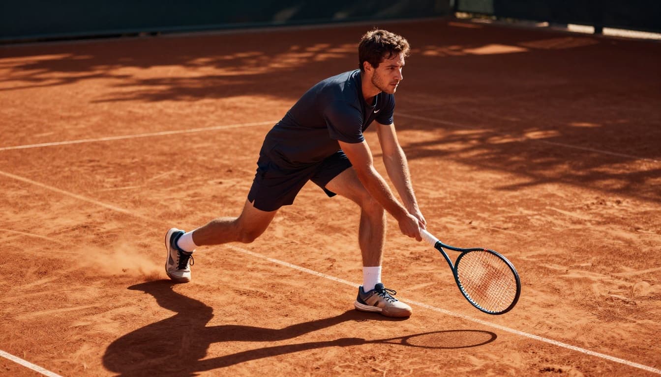 An athletic man on an outdoor red clay tennis court performs footwork drills like split steps and side shuffles, with a loose grip on his racket, sweat on his determined face, under sunny afternoon golden light casting long shadows in cinematic style.
