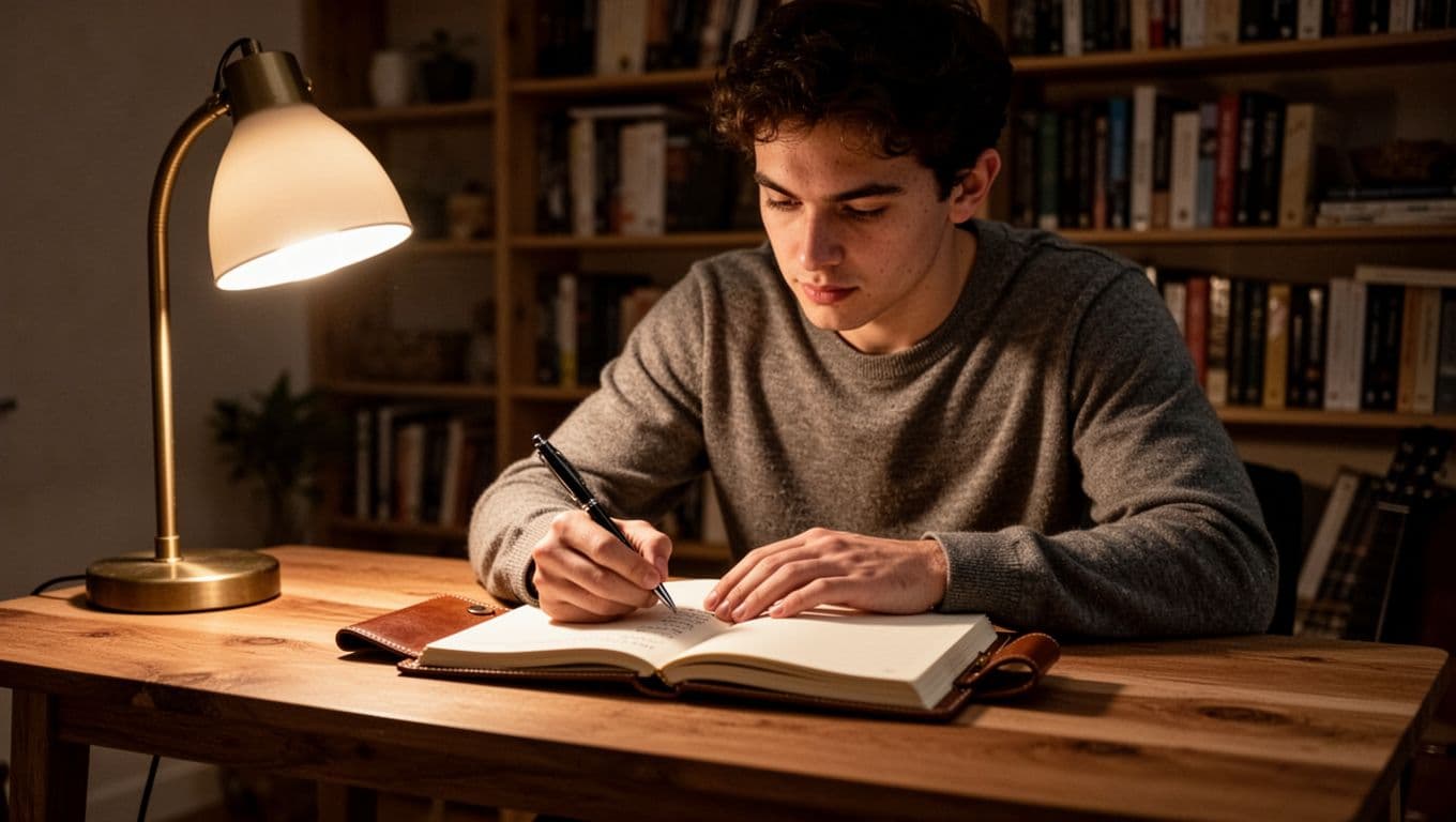 Thoughtful young adult at a simple wooden desk, writing in an open leather journal with relaxed hands under soft warm lamp light, cozy home office with bookshelves behind, focused expression in cinematic style.