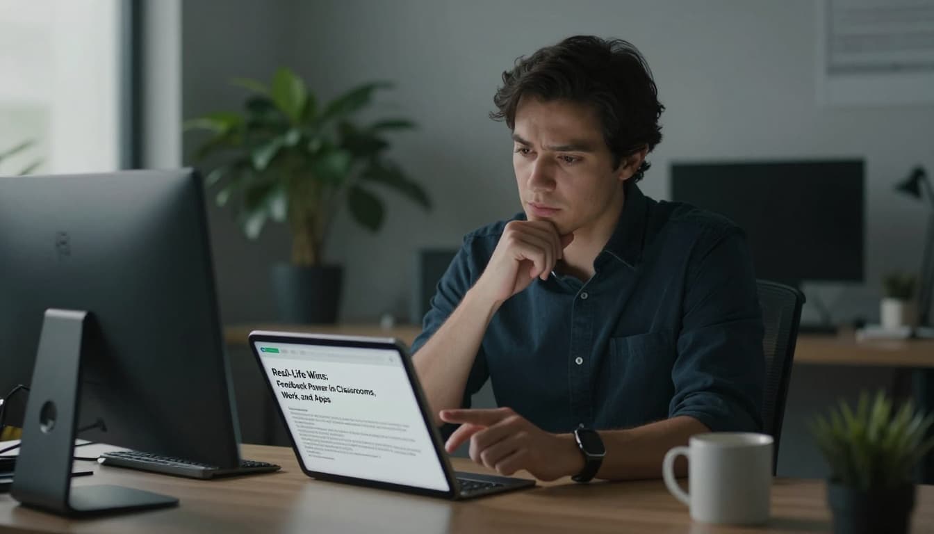 A professional at a desk in an office thoughtfully reviews performance feedback on a tablet, hand on chin, with plants and coffee mug nearby, cinematic lighting and muted tones.