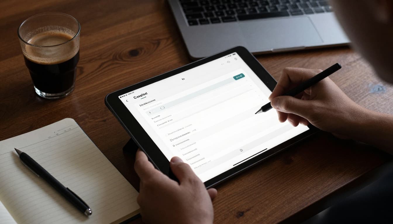 A person logs progress in a minimalist journal app on a tablet, featuring a visible streak counter, on a desk with notebook and coffee mug. Cinematic composition with strong contrast, depth, dramatic side lighting, and earthy tones.