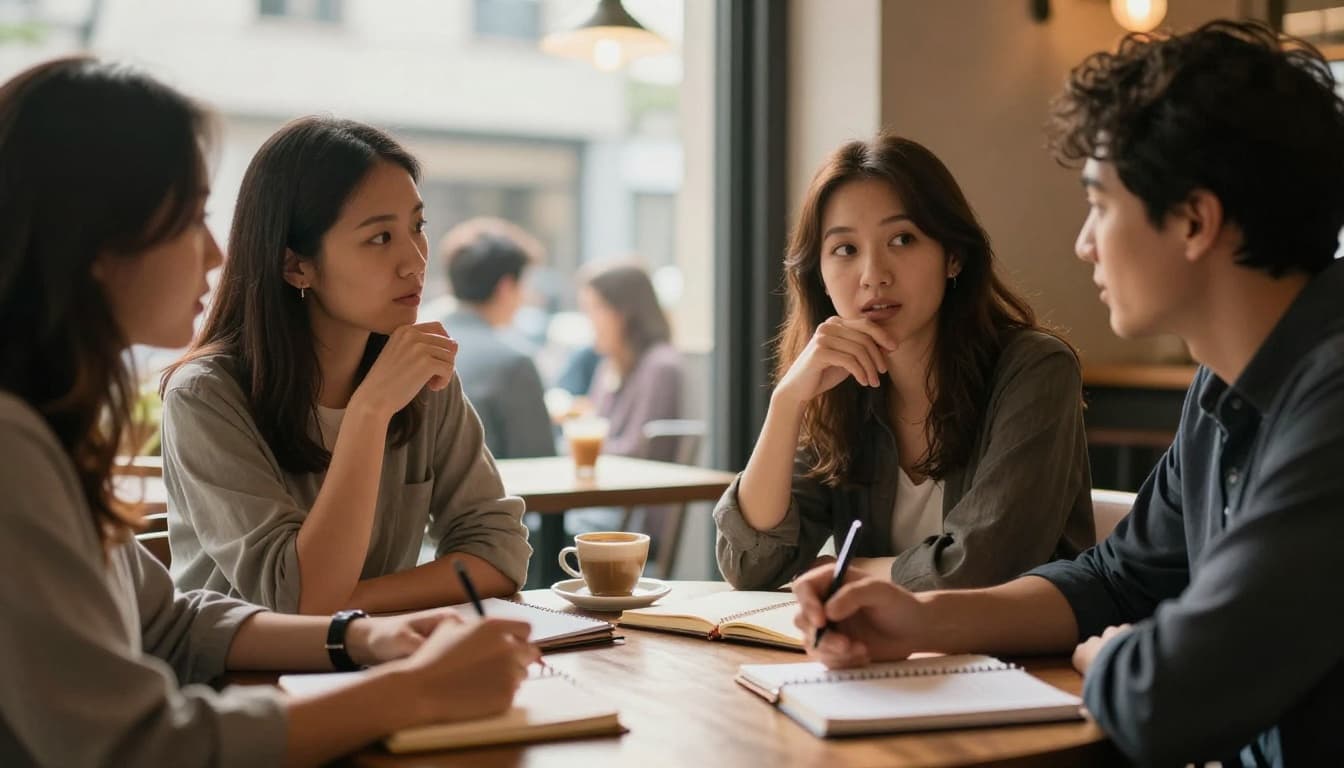 Two adults deeply engaged in conversation over coffee at a cafe table with open notebooks, using relaxed hand gestures under warm dramatic window light with strong contrast and cinematic depth.
