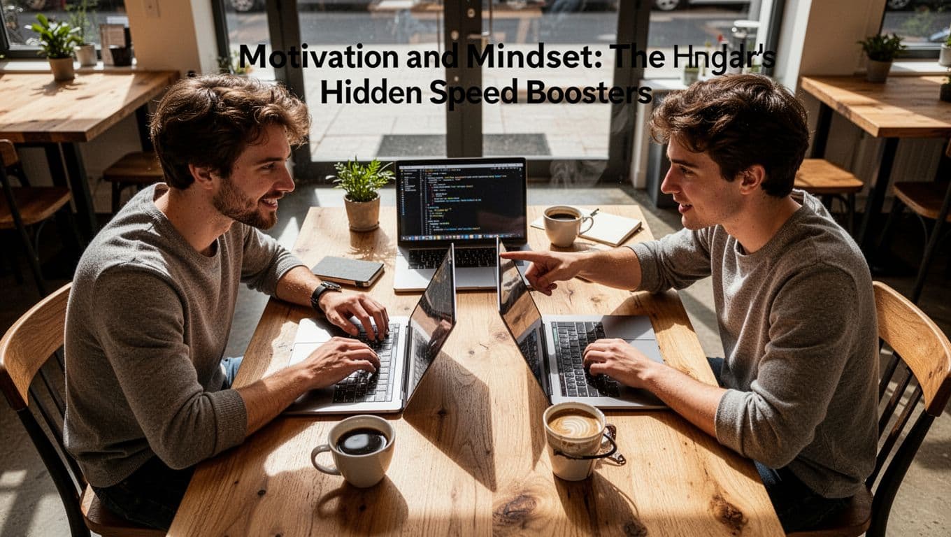 Two friends in a bright cafe sit at a wooden table with open laptops, one pointing at the screen in an engaged discussion on learning coding, captured in cinematic style with strong contrast and dramatic overhead lighting.