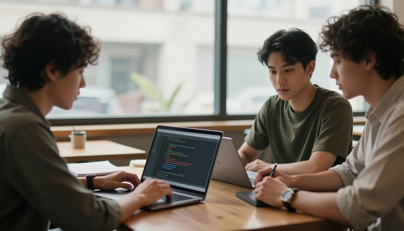 Over-shoulder view of exactly two people naturally discussing a project on a laptop in a cafe, cinematic style with strong contrast, depth, and soft window light in an earthy palette.
