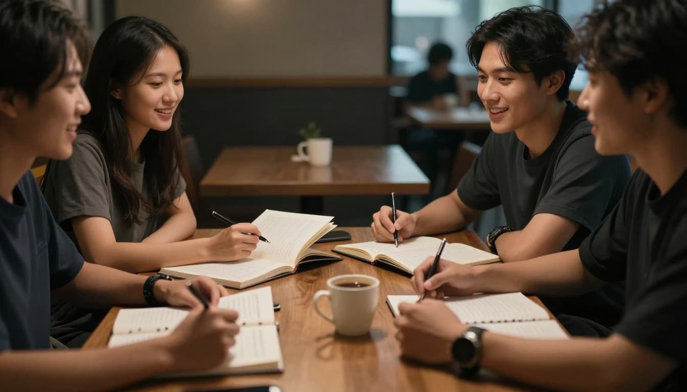 Two people with engaged smiles discussing practice notes over coffee at a table, notebooks open, hands relaxed on the table. Cinematic style featuring strong contrast, depth, and dramatic lighting.