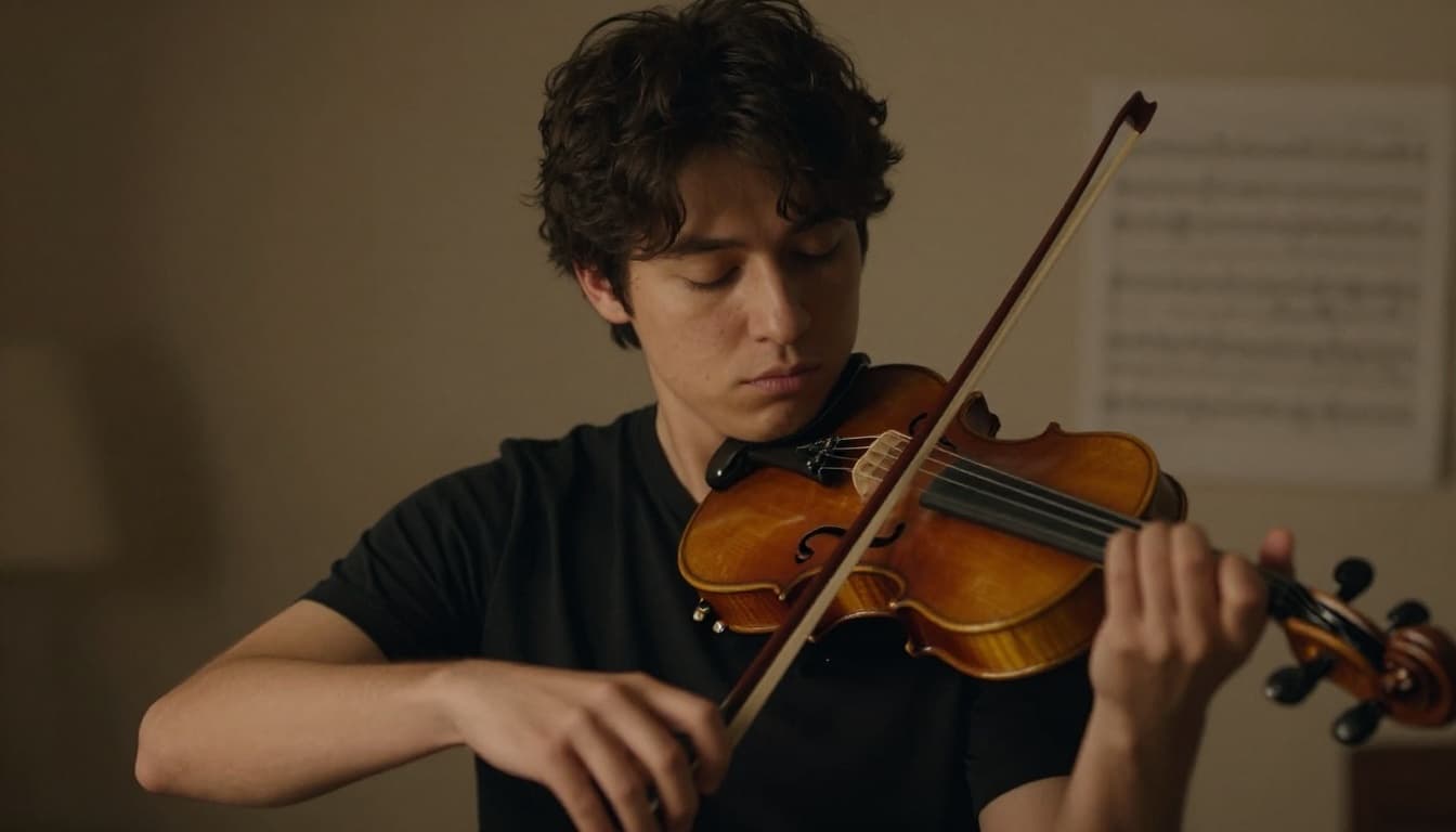Focused individual deeply immersed in playing violin with eyes closed in concentration, soft warm lighting on sheet music and instrument in a serene distraction-free room. Cinematic style with strong contrast and dramatic lighting emphasizing hands and instrument.