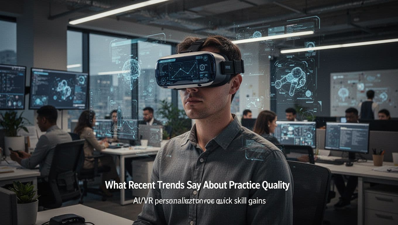 A single person wearing a VR headset in a modern office setting, with a faint training simulation visible, captured in cinematic style with strong contrast, depth, and dramatic side lighting.