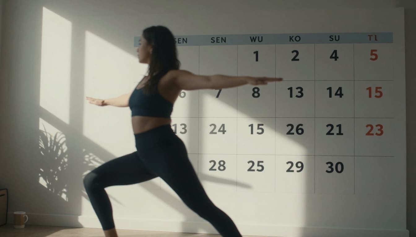 Calendar on a wall marked with short 20-minute practice slots throughout the day, coffee mug nearby, natural light filtering in, person in background doing quick exercise in cinematic style.