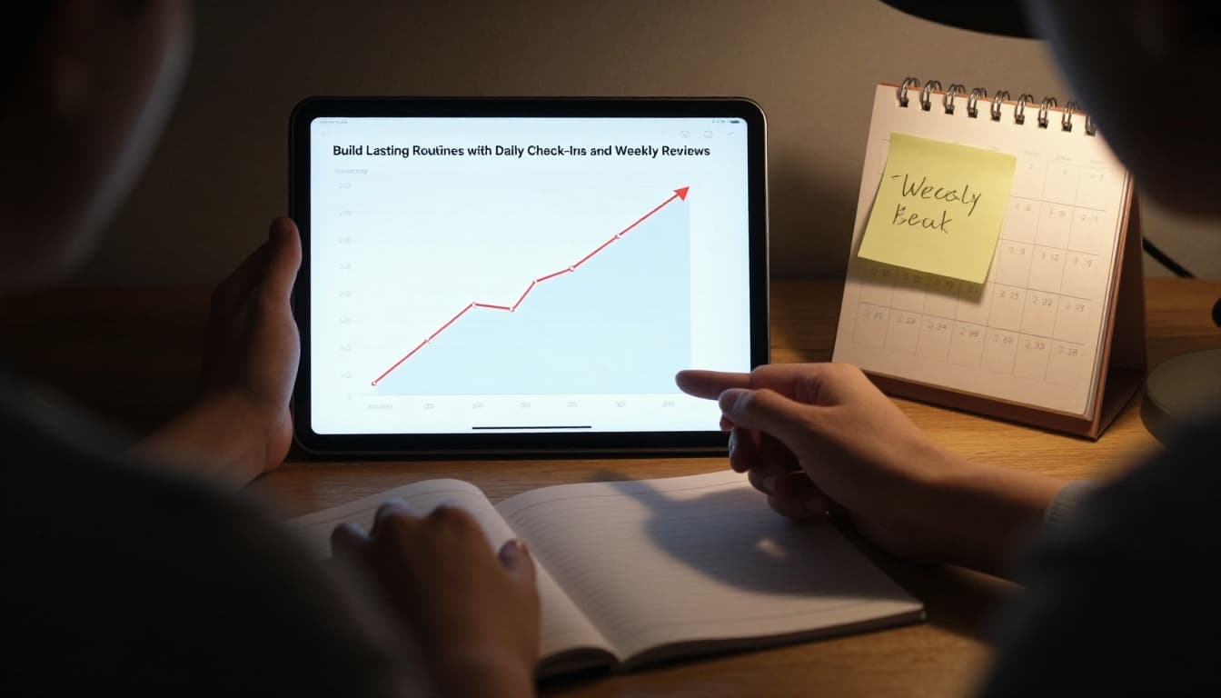 A person seated at a desk reviews weekly progress charts on a tablet displaying upward-trending graphs, with an open calendar and motivational sticky notes nearby, illuminated by evening lamp light for dramatic depth and contrast.