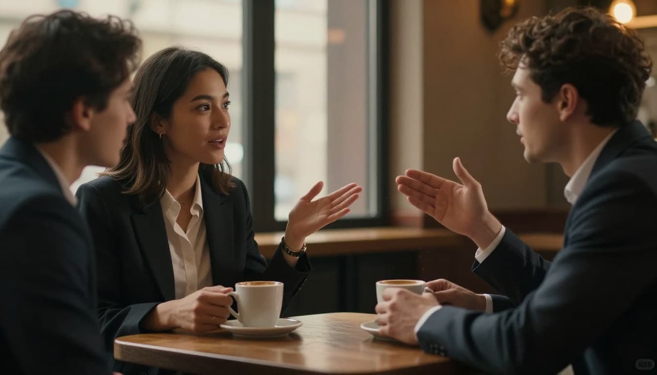 Young professional woman gestures with one hand while holding a coffee mug, explaining a skill to her attentive male friend nodding at a wooden table in a cozy cafe, warm window light, close-up on faces and hands.