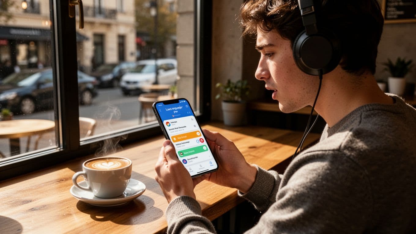 A single young adult in a sunny cafe uses a smartphone language learning app with headphones on, practicing speaking amid subtle immersion elements like a coffee cup and window view in a cozy modern setting.