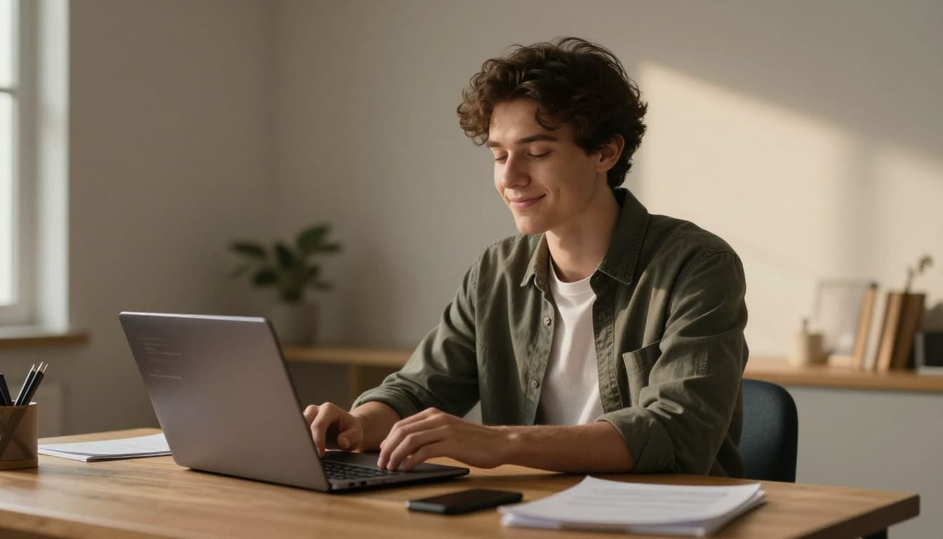 A young adult sits calmly at a wooden desk in a cozy sunlit room, eyes closed with a serene smile, hands relaxed, open laptop nearby, embodying visualization of skill mastery in coding or guitar.