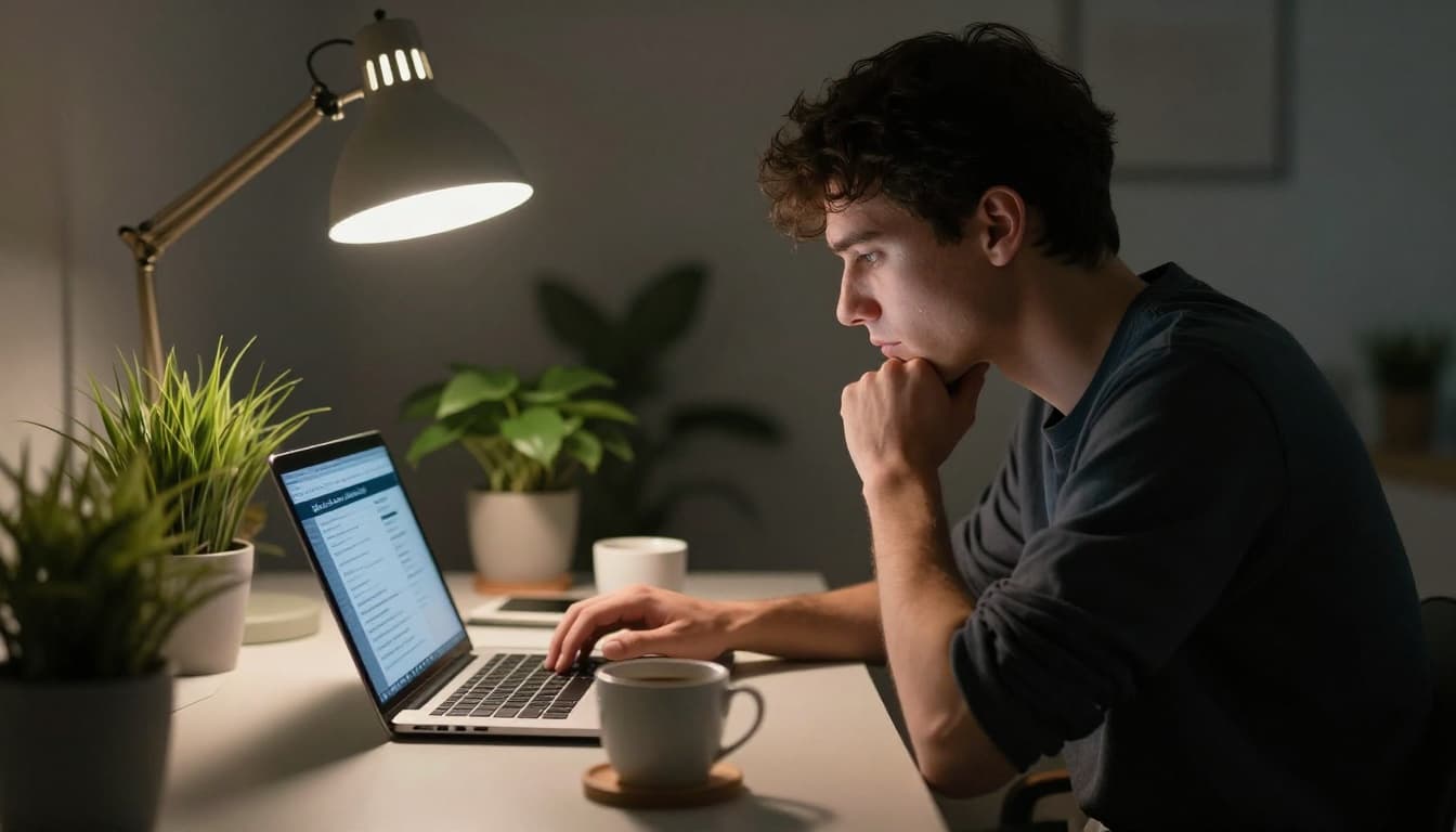 Side profile of a thoughtful young man at a modern home office desk, scanning job ads on an open laptop screen at an angle, with coffee mug and plants nearby, cinematic lighting and depth of field.