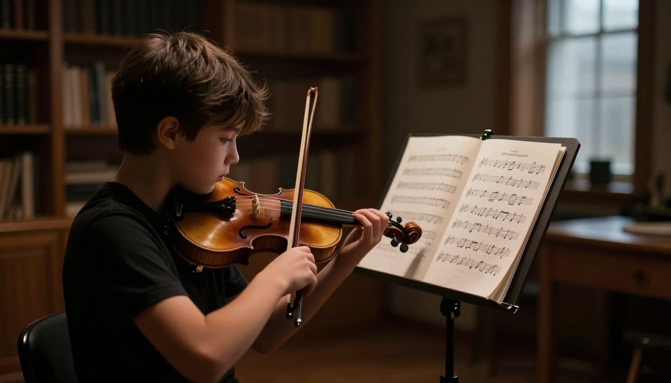 A 12-year-old violinist intensely concentrates on a challenging violin passage in a dimly lit wooden practice room, showing precise bow movement, subtle sweat on forehead, and side profile centering the violin and hands.