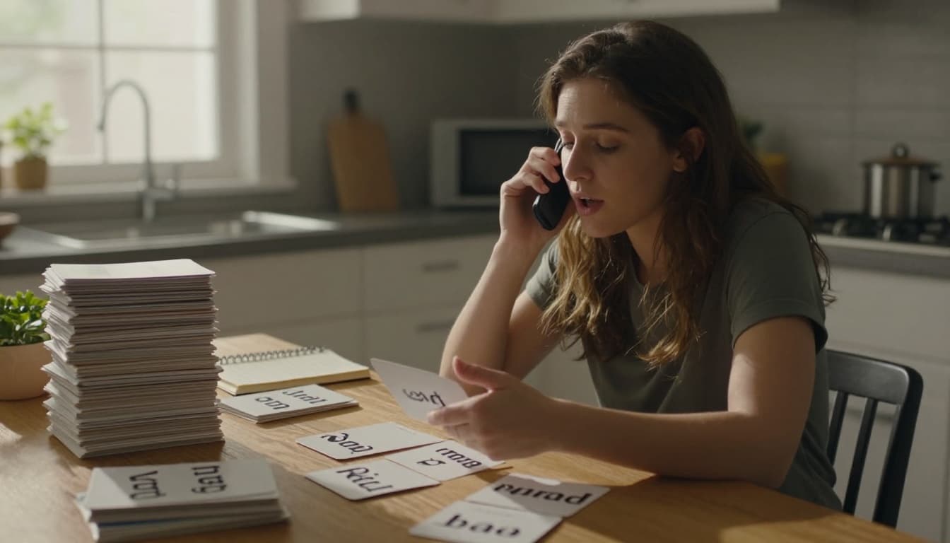Young woman at a sunny kitchen table practices speaking basic words like 'eat', 'run', 'hello' from flashcards into a phone recorder, relaxed pose with one hand on a card and the other gesturing, warm natural light through window.